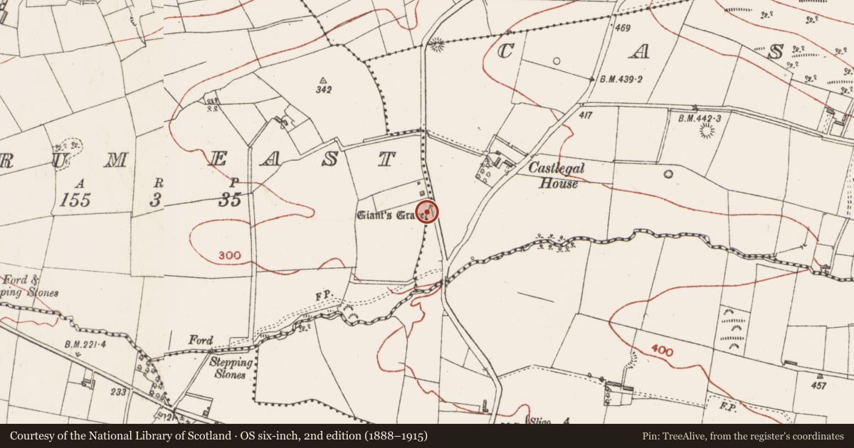 Ordnance Survey six-inch map, 2nd edition (1888–1915) covering the location of Megalithic tomb - wedge tomb, Drum East, County Sligo, with a pin at the register's coordinates