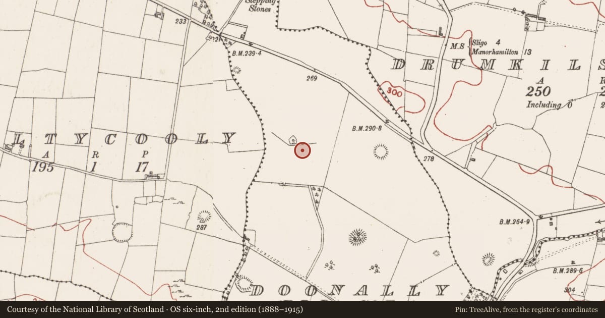 Ordnance Survey six-inch map, 2nd edition (1888–1915) covering the location of Enclosure, Doonally, County Sligo, with a pin at the register's coordinates