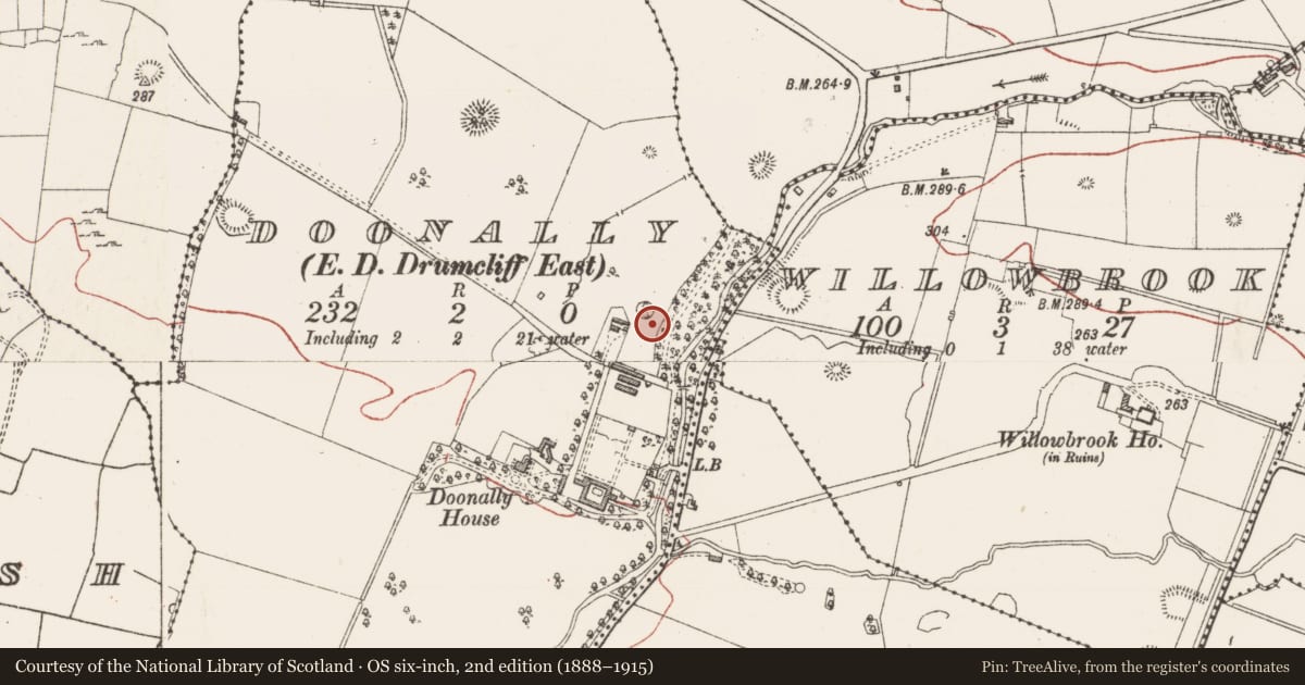 Ordnance Survey six-inch map, 2nd edition (1888–1915) covering the location of Ringfort - rath, Doonally, County Sligo, with a pin at the register's coordinates
