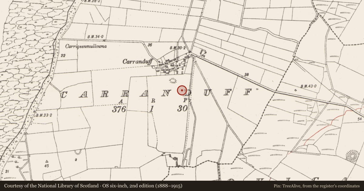 Ordnance Survey six-inch map, 2nd edition (1888–1915) covering the location of Mound, Carranduff, County Sligo, with a pin at the register's coordinates