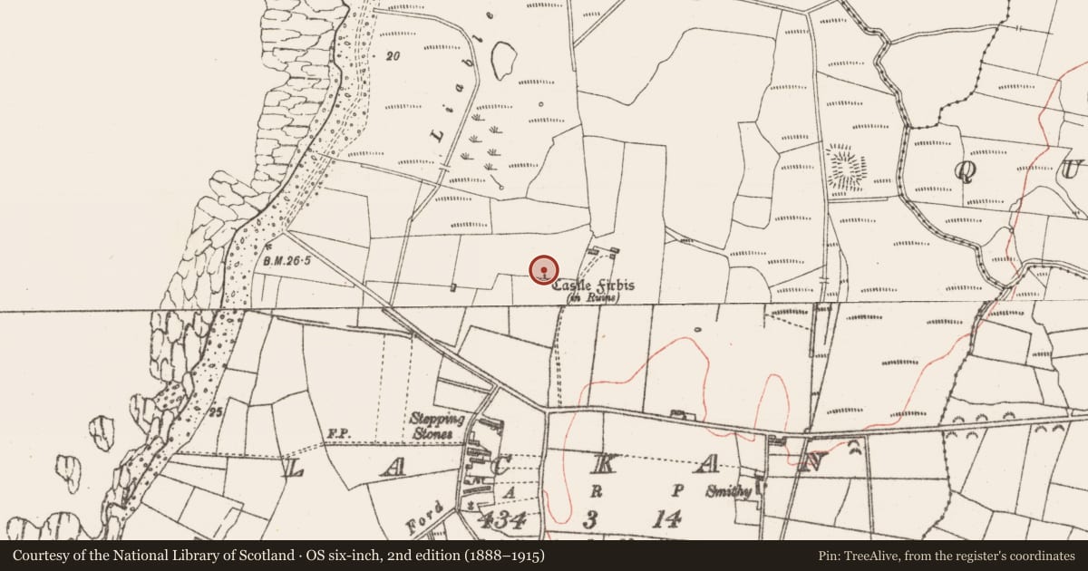 Ordnance Survey six-inch map, 2nd edition (1888–1915) covering the location of Castle - tower house, Lackan, County Sligo, with a pin at the register's coordinates