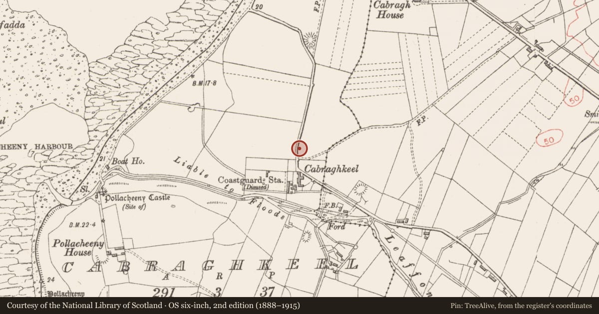 Ordnance Survey six-inch map, 2nd edition (1888–1915) covering the location of Souterrain, Cabraghkeel, County Sligo, with a pin at the register's coordinates