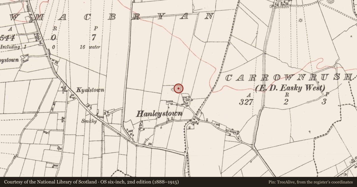 Ordnance Survey six-inch map, 2nd edition (1888–1915) covering the location of Ringfort - rath, Carrowmacbryan, County Sligo, with a pin at the register's coordinates