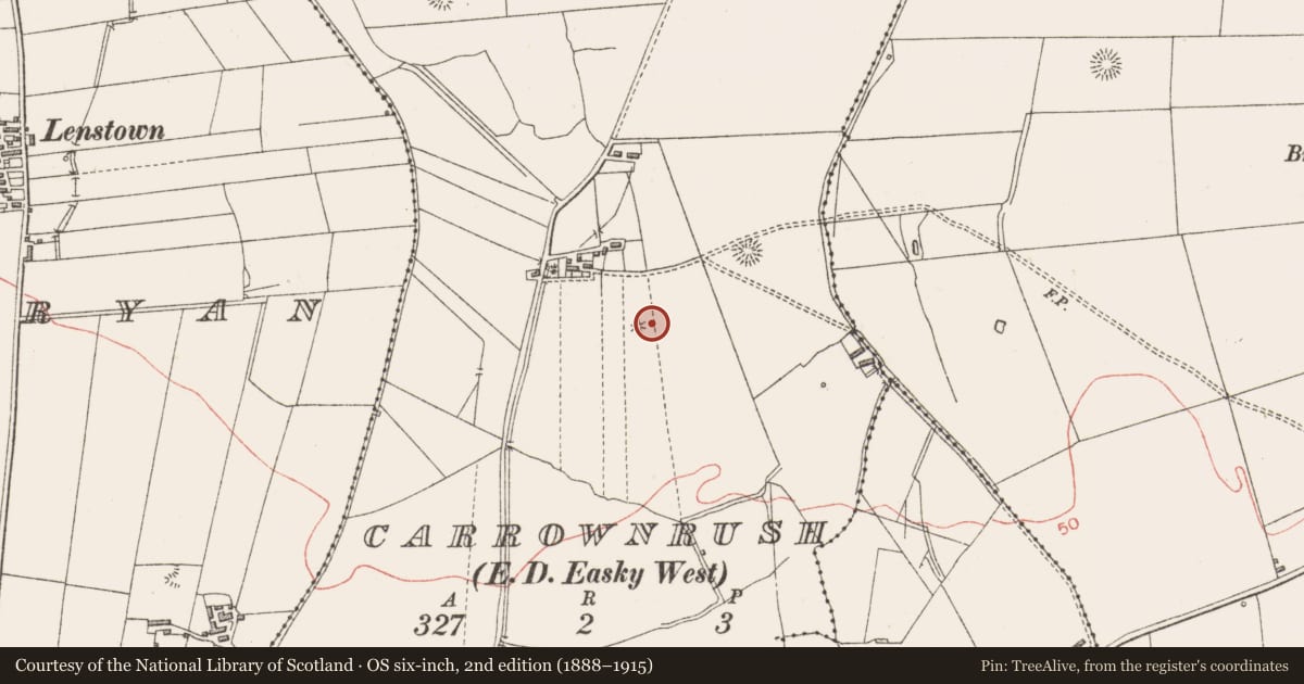 Ordnance Survey six-inch map, 2nd edition (1888–1915) covering the location of Barrow - mound barrow, Carrownrush, County Sligo, with a pin at the register's coordinates