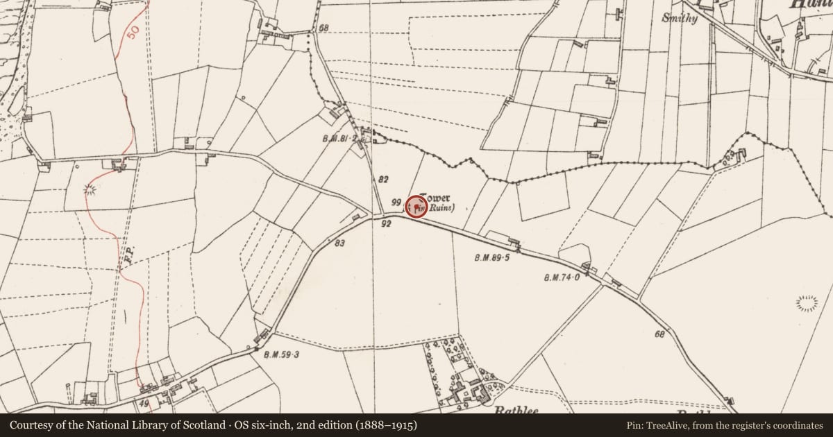 Ordnance Survey six-inch map, 2nd edition (1888–1915) covering the location of Signal tower, Rathlee, County Sligo, with a pin at the register's coordinates