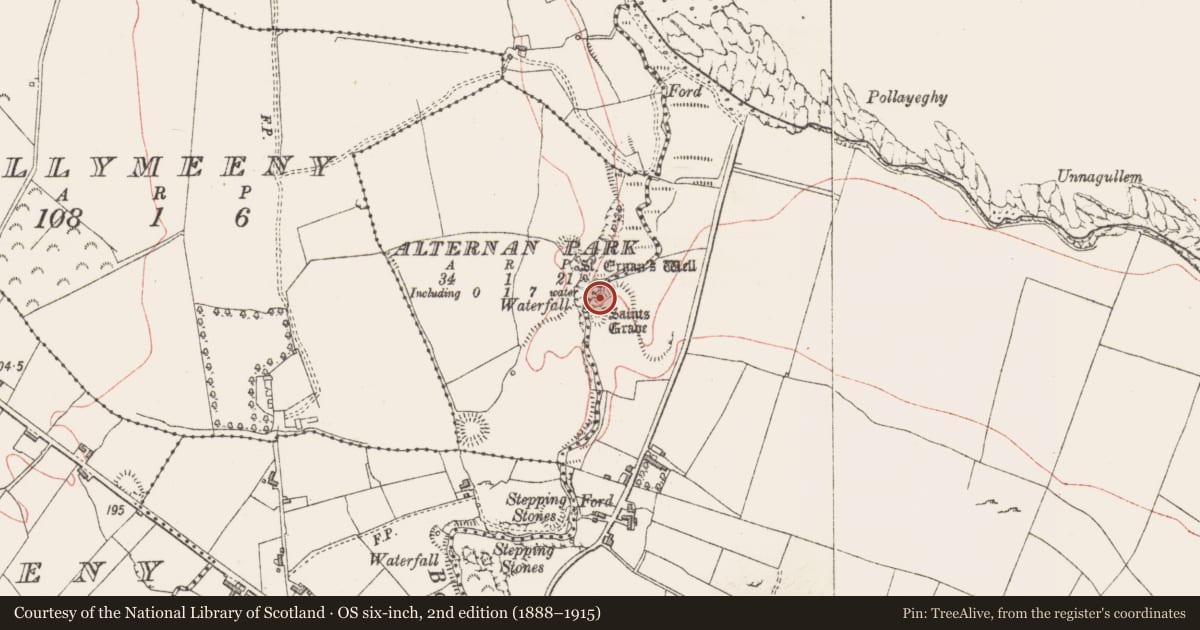 Ordnance Survey six-inch map, 2nd edition (1888–1915) covering the location of Ritual site - holy well, Doonaltan, County Sligo, with a pin at the register's coordinates