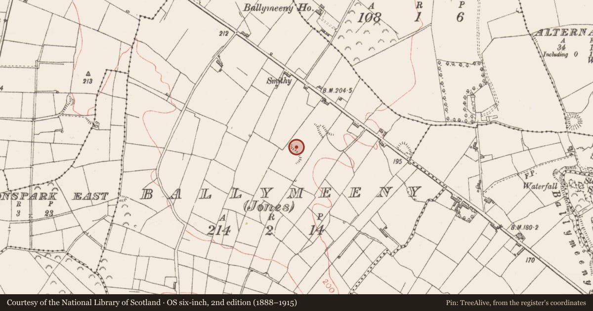 Ordnance Survey six-inch map, 2nd edition (1888–1915) covering the location of Ringfort - rath, Ballymeeny (Jones), County Sligo, with a pin at the register's coordinates