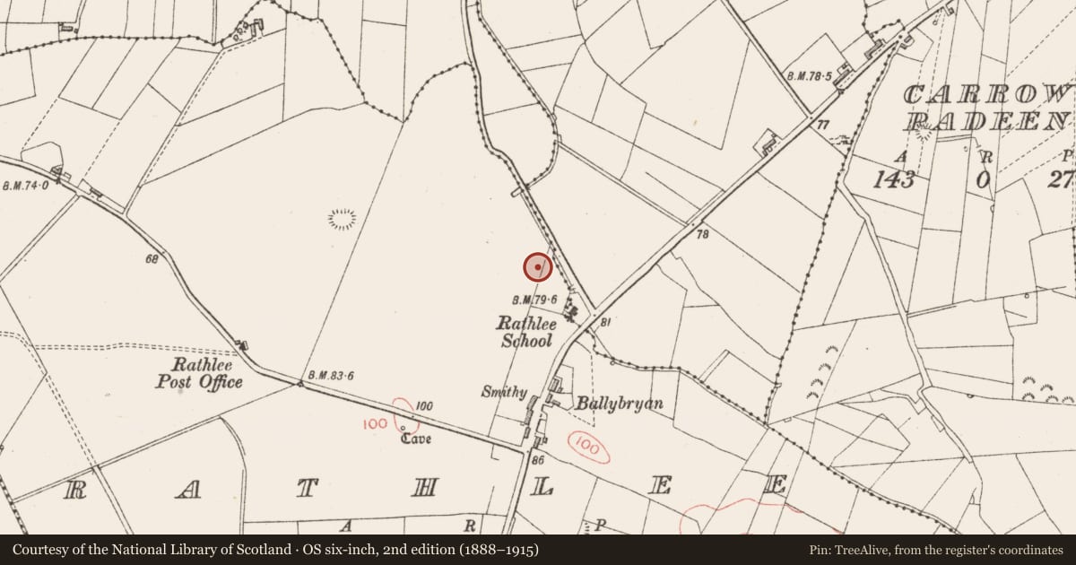 Ordnance Survey six-inch map, 2nd edition (1888–1915) covering the location of Burnt mound, Rathlee, County Sligo, with a pin at the register's coordinates