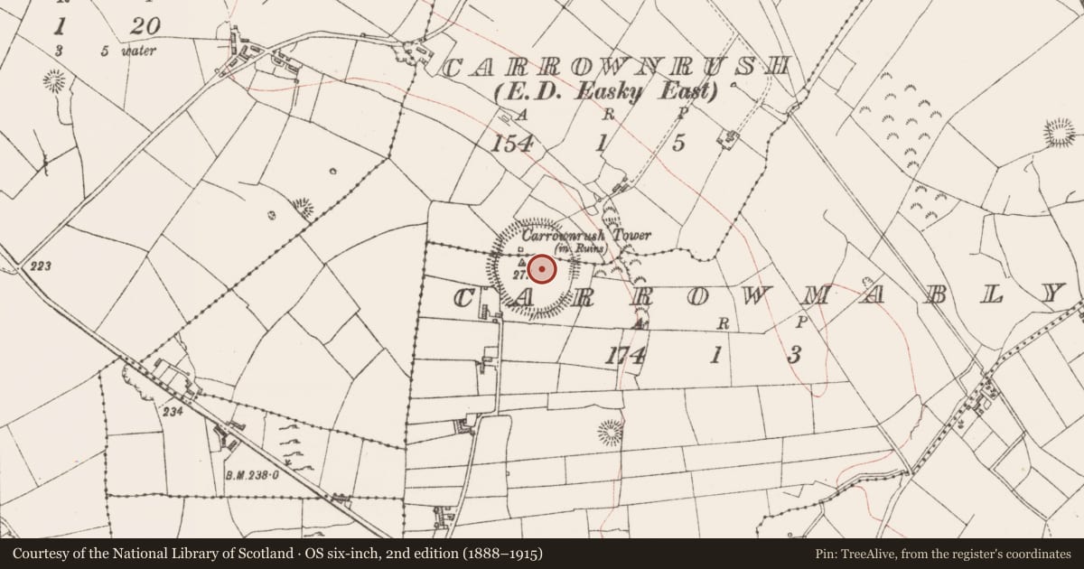 Ordnance Survey six-inch map, 2nd edition (1888–1915) covering the location of Hilltop enclosure, Carrownrush, Carrowmably, County Sligo, with a pin at the register's coordinates