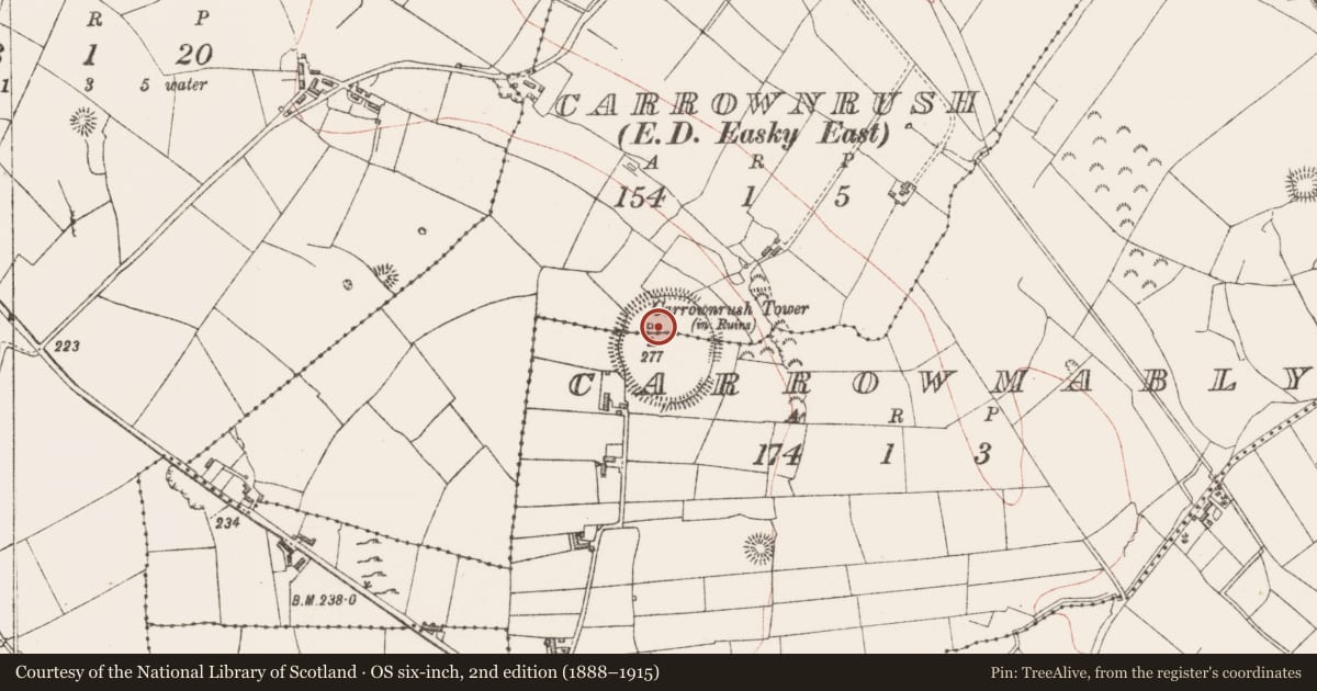 Ordnance Survey six-inch map, 2nd edition (1888–1915) covering the location of Signal tower, Carrownrush, County Sligo, with a pin at the register's coordinates