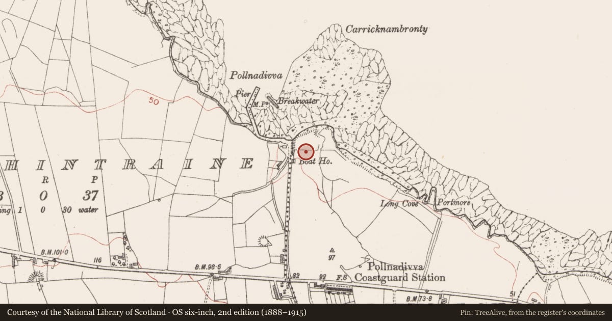 Ordnance Survey six-inch map, 2nd edition (1888–1915) covering the location of Kiln - lime, Carrowmoran, County Sligo, with a pin at the register's coordinates