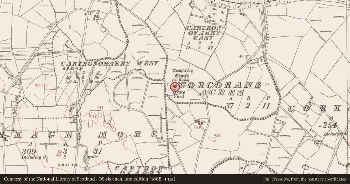 Ordnance Survey six-inch map, 2nd edition (1888–1915) covering the location of Graveyard, Corcoransacres, County Sligo, with a pin at the register's coordinates