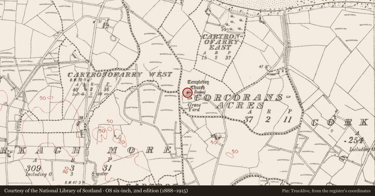 Ordnance Survey six-inch map, 2nd edition (1888–1915) covering the location of Earthwork, Corcoransacres, County Sligo, with a pin at the register's coordinates