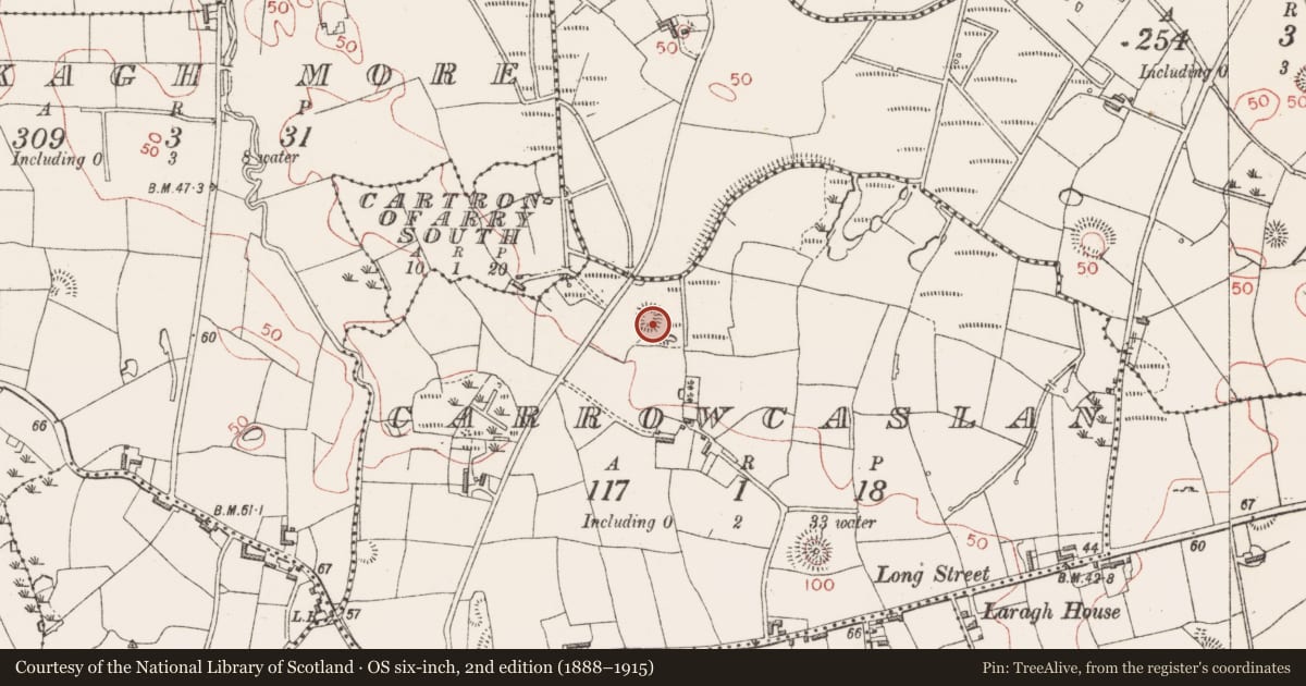 Ordnance Survey six-inch map, 2nd edition (1888–1915) covering the location of Moated site, Carrowcaslan, County Sligo, with a pin at the register's coordinates