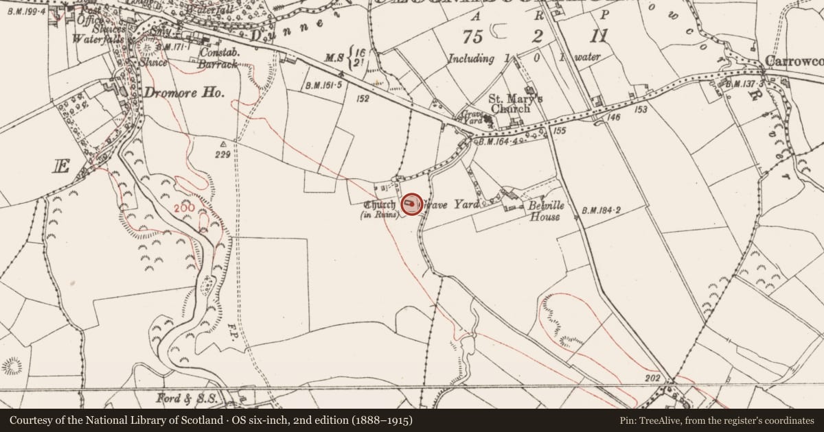 Ordnance Survey six-inch map, 2nd edition (1888–1915) covering the location of Church, Dunneill, County Sligo, with a pin at the register's coordinates