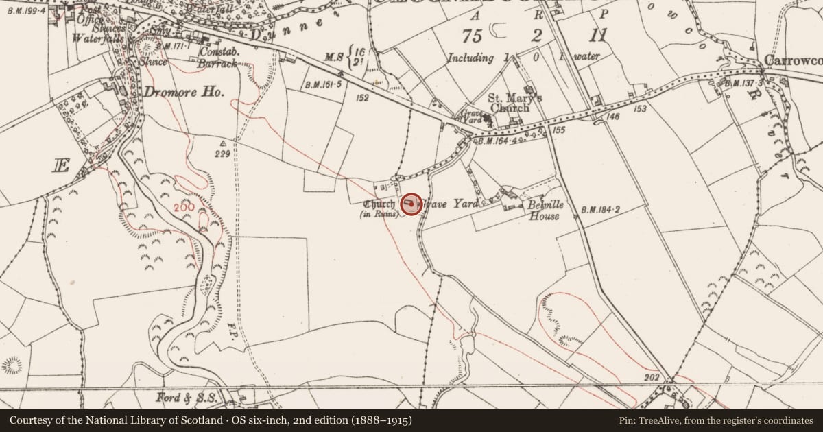 Ordnance Survey six-inch map, 2nd edition (1888–1915) covering the location of Graveyard, Dunneill, County Sligo, with a pin at the register's coordinates
