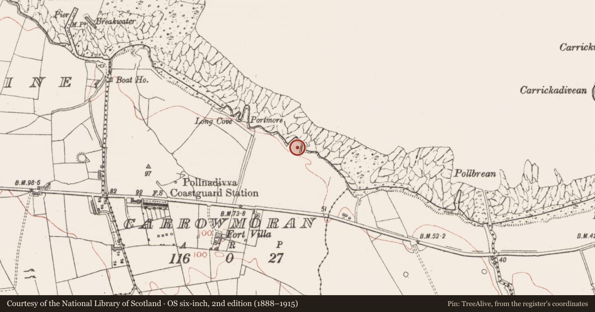 Ordnance Survey six-inch map, 2nd edition (1888–1915) covering the location of Promontory fort - coastal, Carrowmoran, County Sligo, with a pin at the register's coordinates