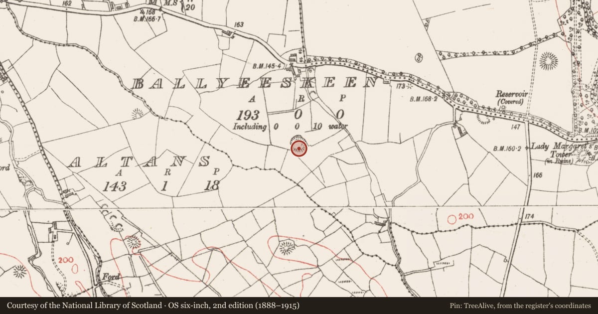 Ordnance Survey six-inch map, 2nd edition (1888–1915) covering the location of Souterrain, Ballyeeskeen, County Sligo, with a pin at the register's coordinates