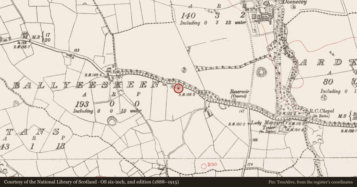 Ordnance Survey six-inch map, 2nd edition (1888–1915) covering the location of Cist, Ballyeeskeen, County Sligo, with a pin at the register's coordinates