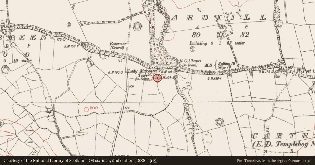 Ordnance Survey six-inch map, 2nd edition (1888–1915) covering the location of Ringfort - rath, Ballyeeskeen, County Sligo, with a pin at the register's coordinates