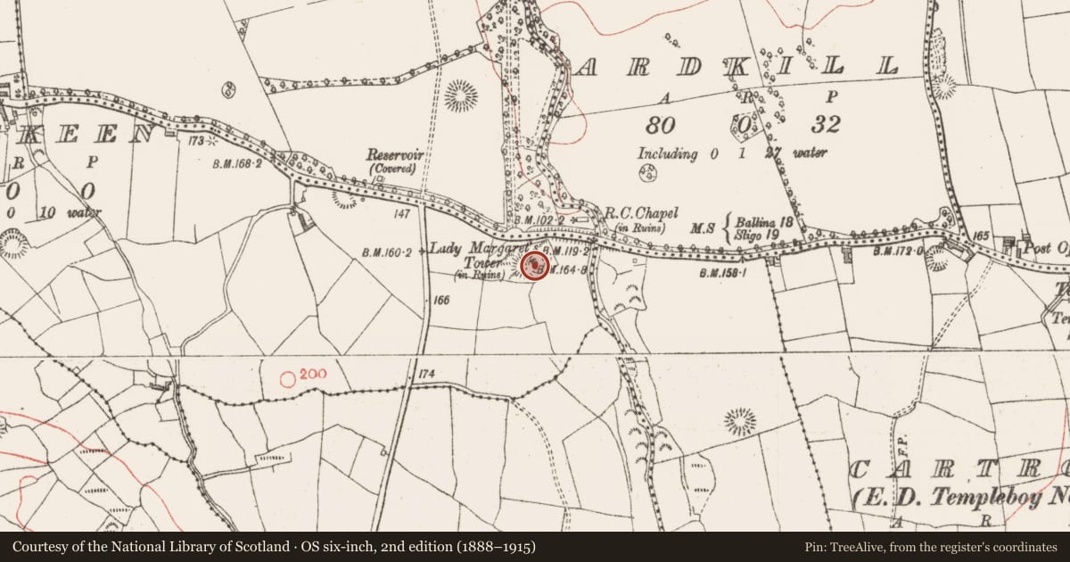 Ordnance Survey six-inch map, 2nd edition (1888–1915) covering the location of Designed landscape - folly, Ballyeeskeen, County Sligo, with a pin at the register's coordinates