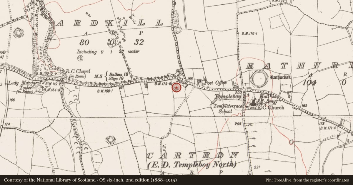 Ordnance Survey six-inch map, 2nd edition (1888–1915) covering the location of Ringfort - rath, Cartron, County Sligo, with a pin at the register's coordinates