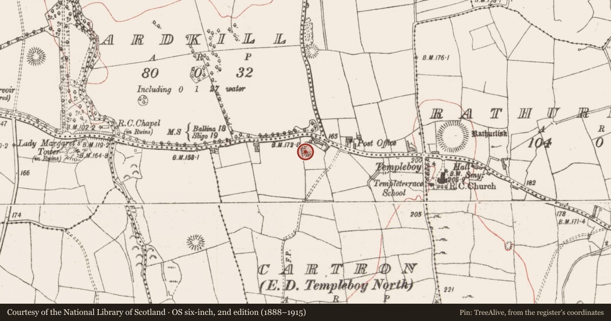 Ordnance Survey six-inch map, 2nd edition (1888–1915) covering the location of Souterrain, Cartron, County Sligo, with a pin at the register's coordinates