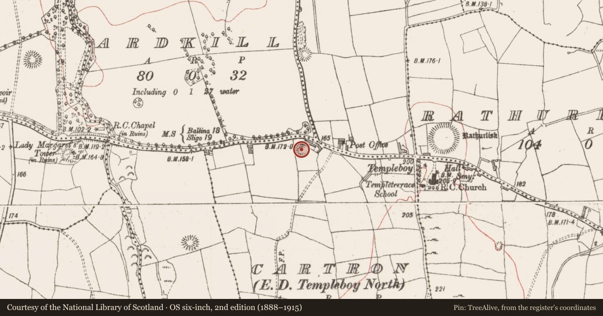Ordnance Survey six-inch map, 2nd edition (1888–1915) covering the location of Hut site, Cartron, County Sligo, with a pin at the register's coordinates
