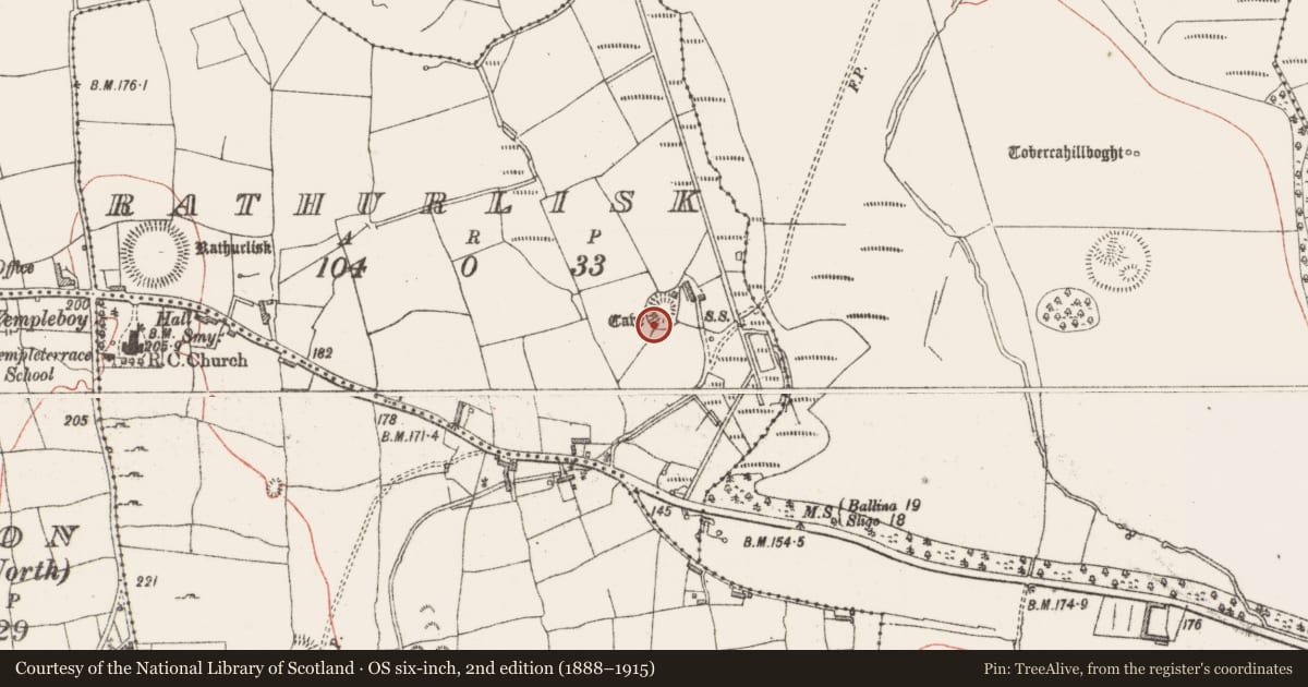 Ordnance Survey six-inch map, 2nd edition (1888–1915) covering the location of Souterrain, Rathurlisk, County Sligo, with a pin at the register's coordinates