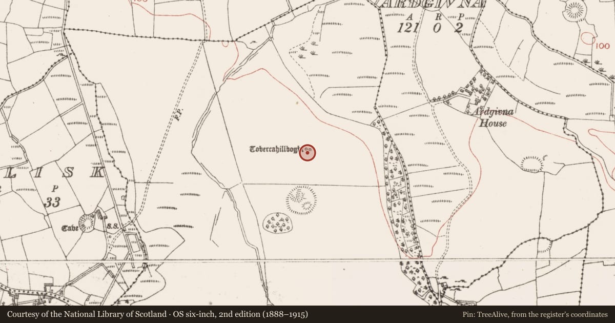 Ordnance Survey six-inch map, 2nd edition (1888–1915) covering the location of Ritual site - holy well, Ballygreighan, County Sligo, with a pin at the register's coordinates