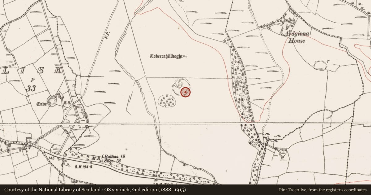 Ordnance Survey six-inch map, 2nd edition (1888–1915) covering the location of House - early medieval, Ballygreighan, County Sligo, with a pin at the register's coordinates