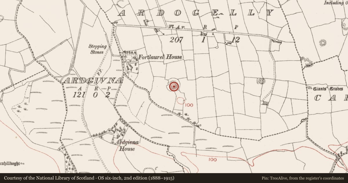 Ordnance Survey six-inch map, 2nd edition (1888–1915) covering the location of Souterrain, Ardogelly, County Sligo, with a pin at the register's coordinates