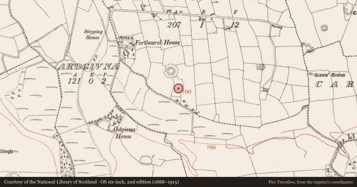 Ordnance Survey six-inch map, 2nd edition (1888–1915) covering the location of Mound, Ardogelly, County Sligo, with a pin at the register's coordinates