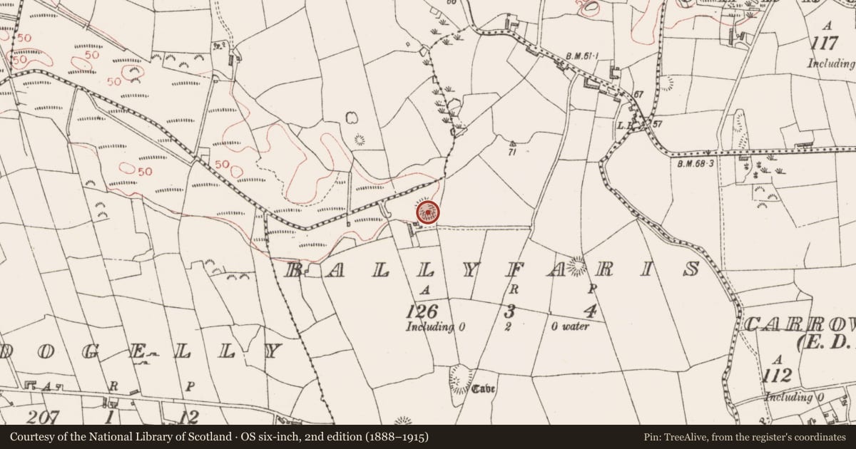 Ordnance Survey six-inch map, 2nd edition (1888–1915) covering the location of Moated site, Ballyfaris, County Sligo, with a pin at the register's coordinates