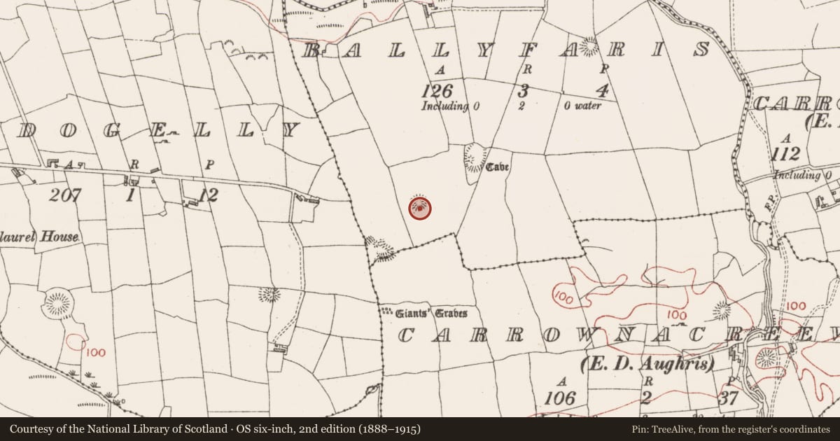 Ordnance Survey six-inch map, 2nd edition (1888–1915) covering the location of Hut site, Ballyfaris, County Sligo, with a pin at the register's coordinates