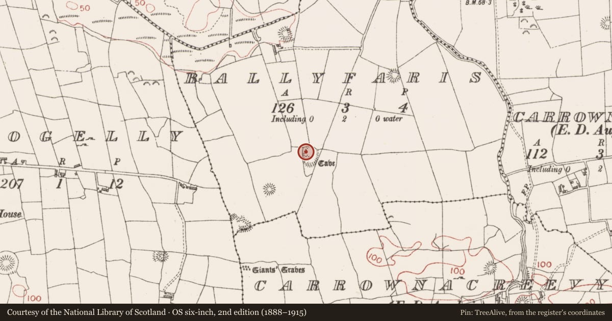 Ordnance Survey six-inch map, 2nd edition (1888–1915) covering the location of Hut site, Ballyfaris, County Sligo, with a pin at the register's coordinates
