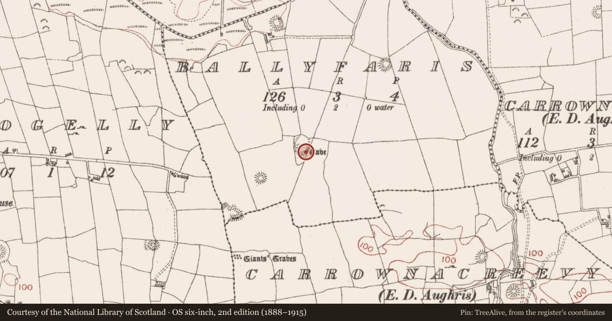 Ordnance Survey six-inch map, 2nd edition (1888–1915) covering the location of Souterrain, Ballyfaris, County Sligo, with a pin at the register's coordinates