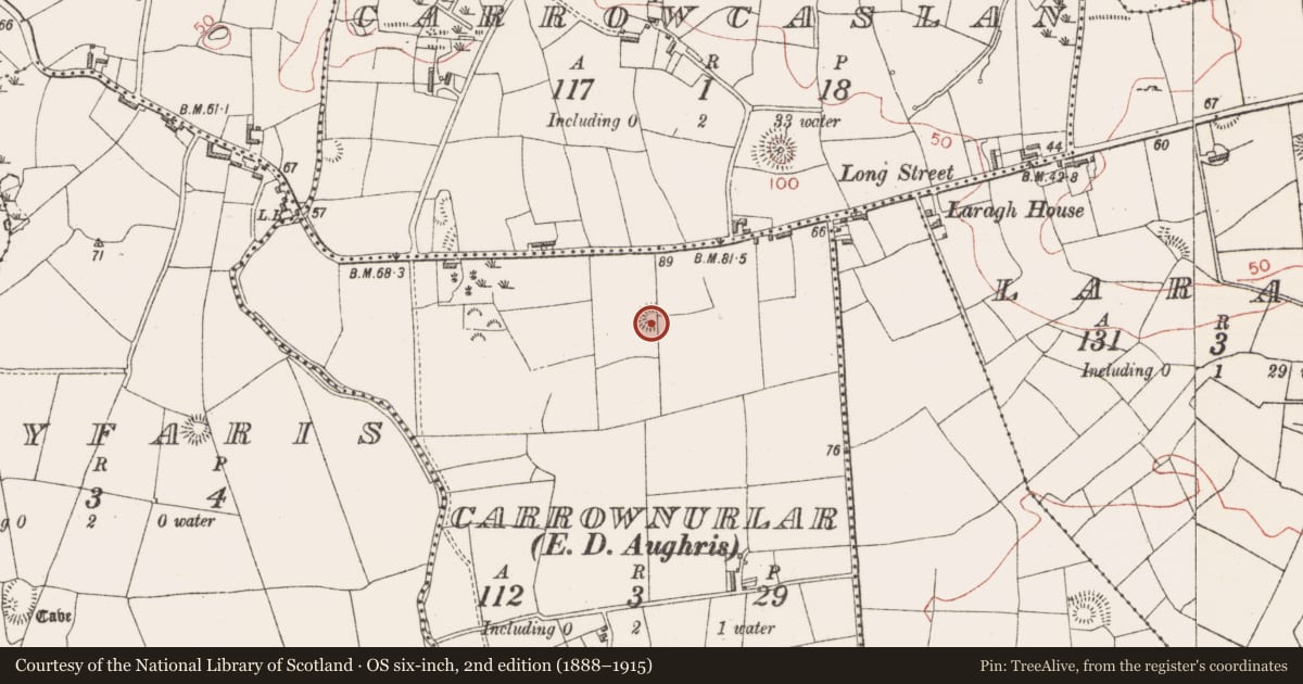 Ordnance Survey six-inch map, 2nd edition (1888–1915) covering the location of Ringfort - rath, Carrownurlar, County Sligo, with a pin at the register's coordinates