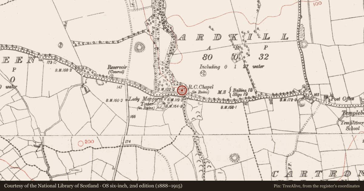Ordnance Survey six-inch map, 2nd edition (1888–1915) covering the location of Church, Carrowmacrory, County Sligo, with a pin at the register's coordinates