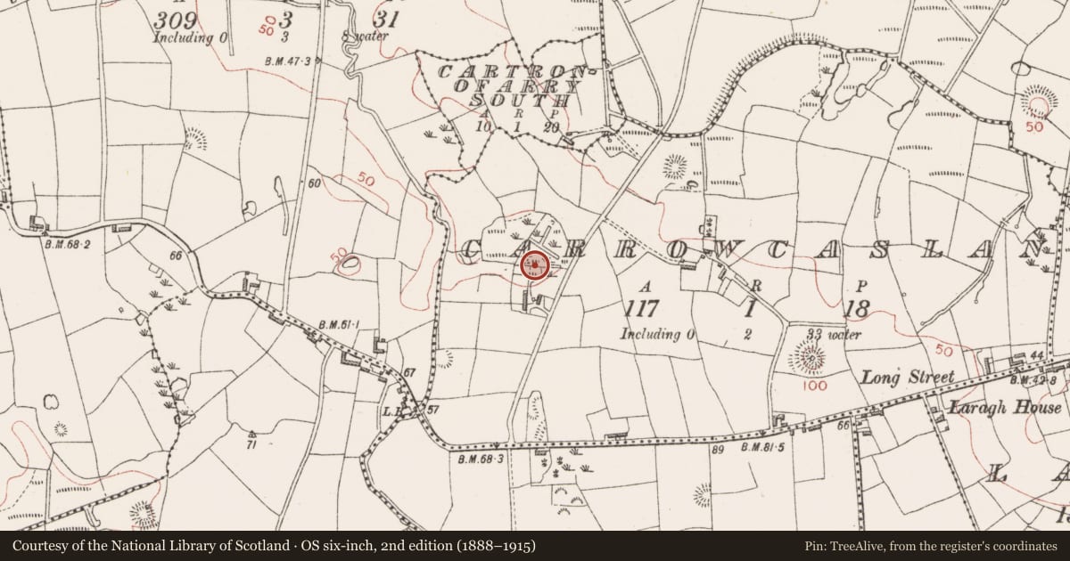 Ordnance Survey six-inch map, 2nd edition (1888–1915) covering the location of Barrow - mound barrow, Carrowcaslan, County Sligo, with a pin at the register's coordinates
