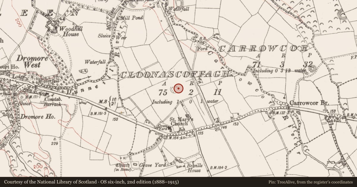 Ordnance Survey six-inch map, 2nd edition (1888–1915) covering the location of Building, Cloonascoffagh, County Sligo, with a pin at the register's coordinates