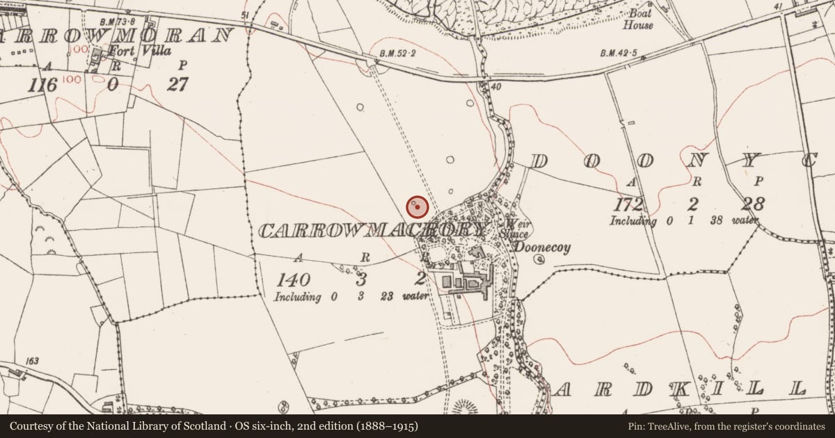 Ordnance Survey six-inch map, 2nd edition (1888–1915) covering the location of Designed landscape - tree-ring, Carrowmacrory, County Sligo, with a pin at the register's coordinates