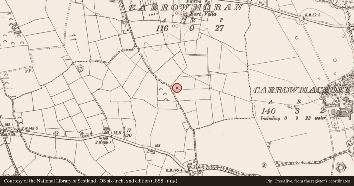 Ordnance Survey six-inch map, 2nd edition (1888–1915) covering the location of Burnt mound, Carrowmoran, County Sligo, with a pin at the register's coordinates