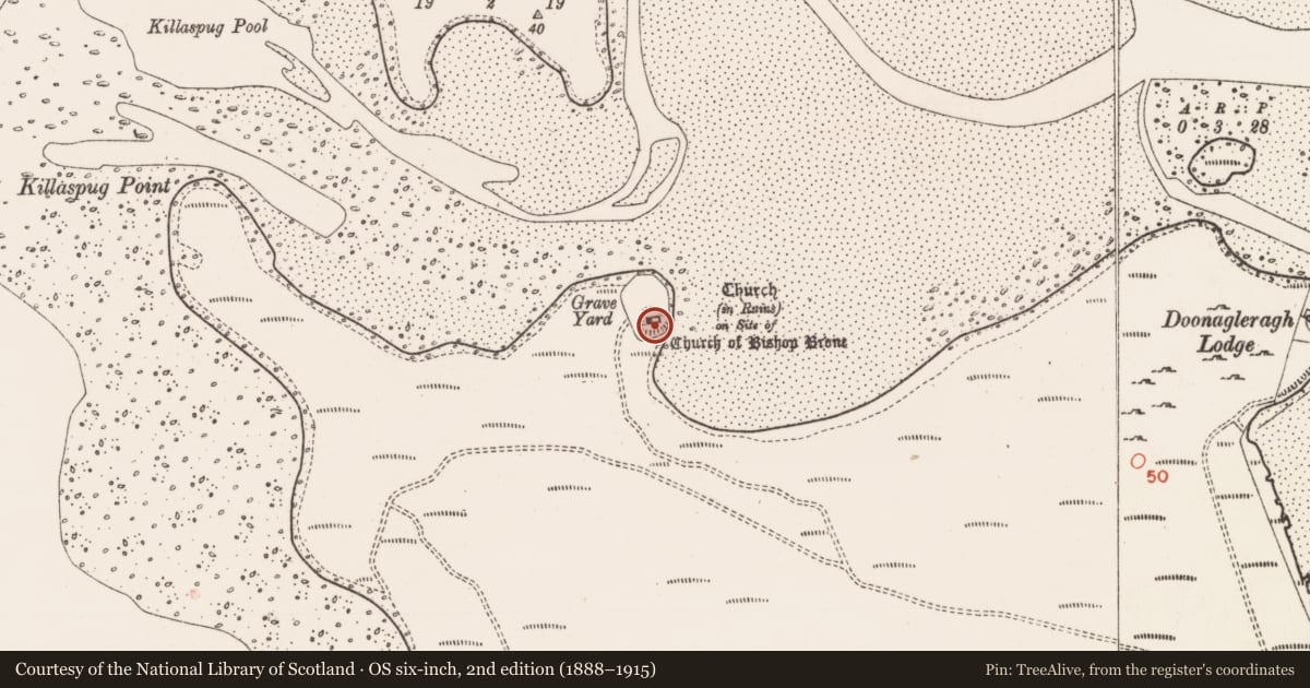 Ordnance Survey six-inch map, 2nd edition (1888–1915) covering the location of Church, Killaspugbrone, County Sligo, with a pin at the register's coordinates