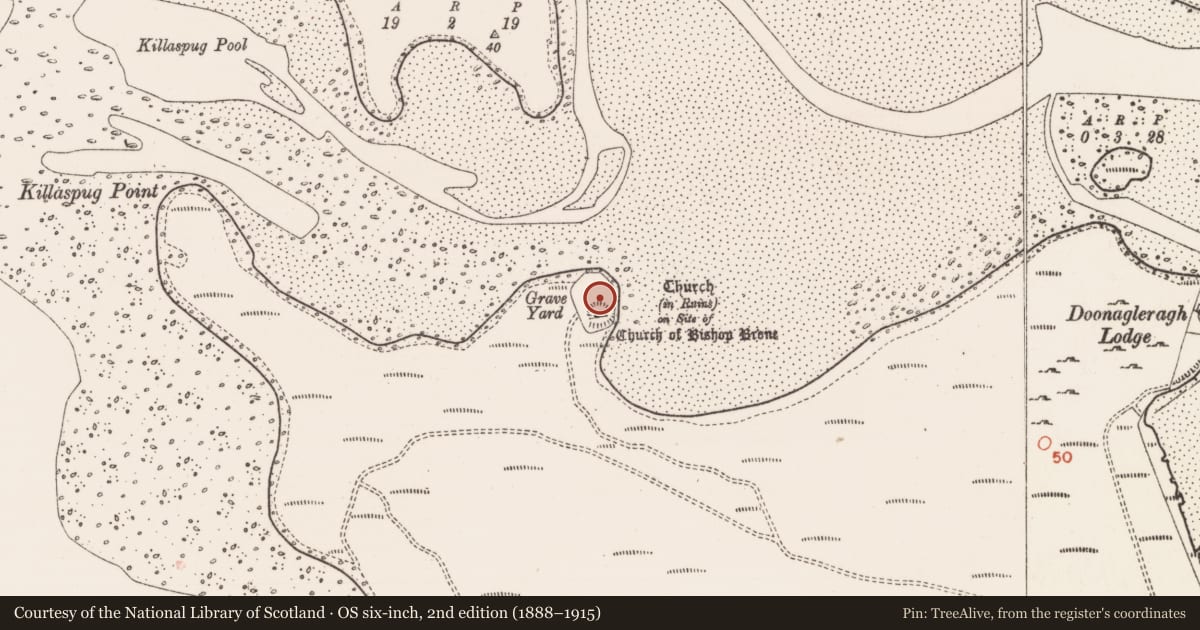 Ordnance Survey six-inch map, 2nd edition (1888–1915) covering the location of Ecclesiastical enclosure, Killaspugbrone, County Sligo, with a pin at the register's coordinates