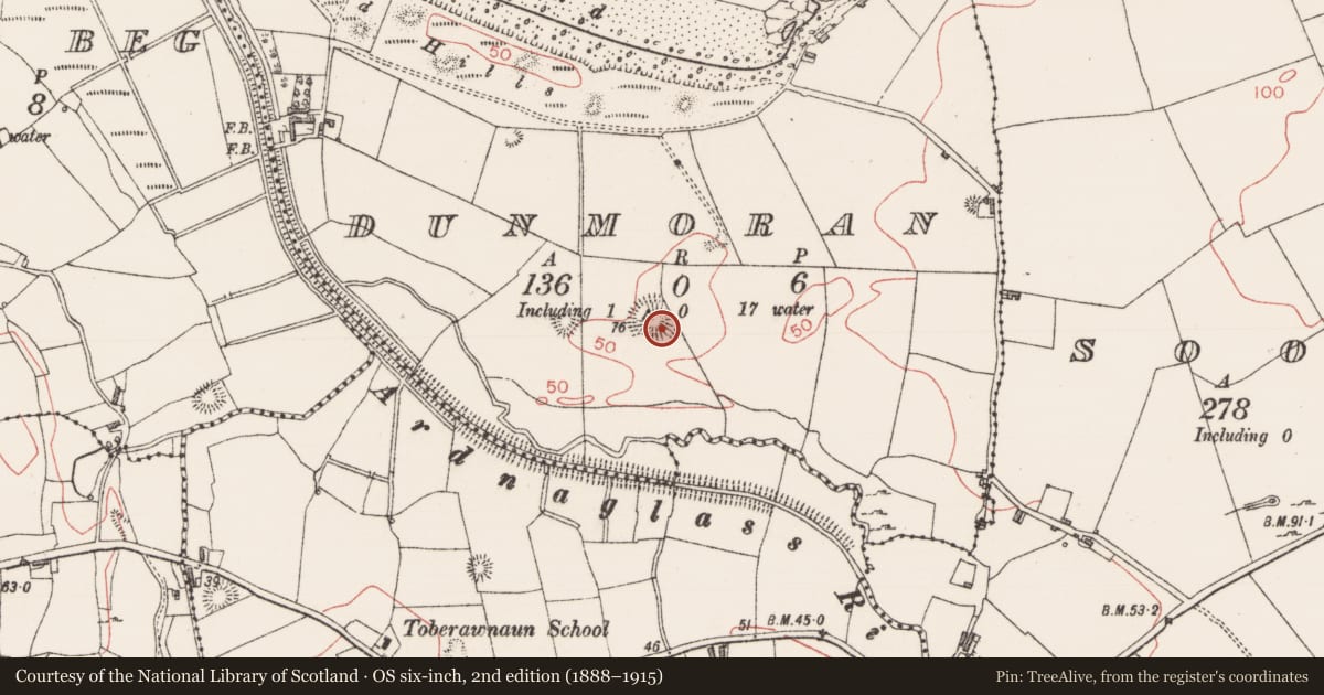 Ordnance Survey six-inch map, 2nd edition (1888–1915) covering the location of Ringfort - rath, Dunmoran, County Sligo, with a pin at the register's coordinates