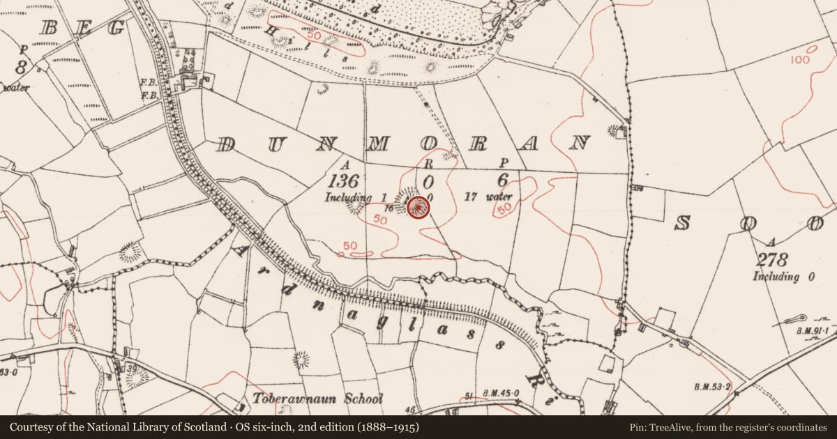Ordnance Survey six-inch map, 2nd edition (1888–1915) covering the location of Souterrain, Dunmoran, County Sligo, with a pin at the register's coordinates