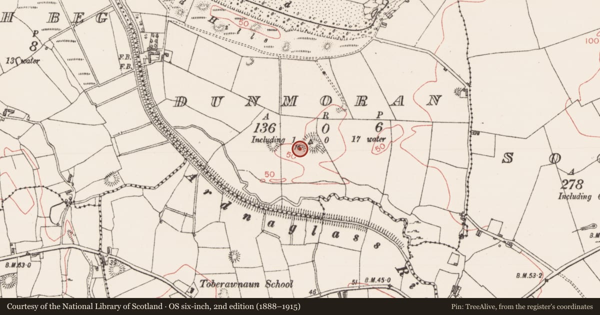Ordnance Survey six-inch map, 2nd edition (1888–1915) covering the location of Field system, Dunmoran, County Sligo, with a pin at the register's coordinates