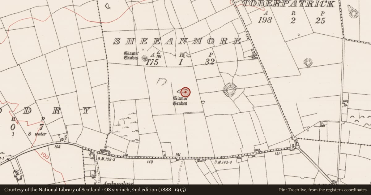 Ordnance Survey six-inch map, 2nd edition (1888–1915) covering the location of Cairn - unclassified, Sheeanmore, County Sligo, with a pin at the register's coordinates