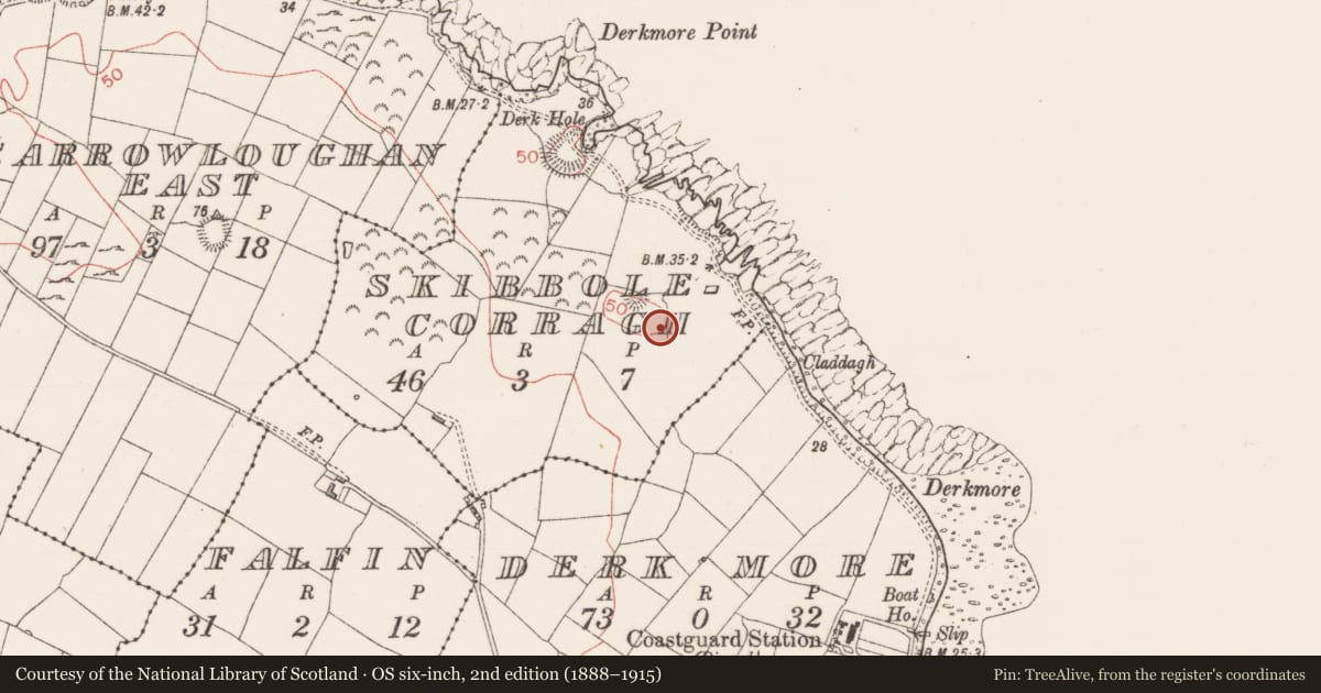 Ordnance Survey six-inch map, 2nd edition (1888–1915) covering the location of Midden, Skibbolecorragh, County Sligo, with a pin at the register's coordinates